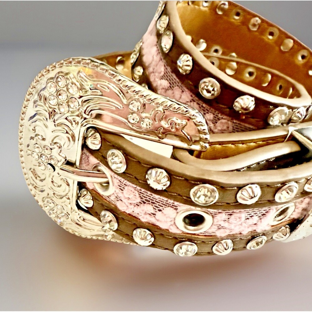 Western Leather Rhinestone Belt Youth Small‎ Brown Pink Lace Bling Buckle Rodeo